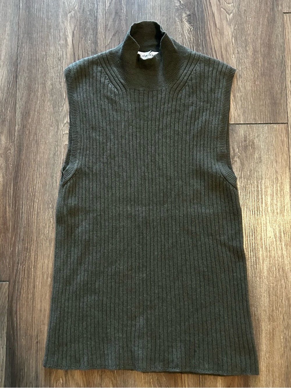 Calvin Klein 100% Cashmere Made In Italy Mock Neck Sleeveless Top Olive Green L